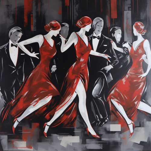 Glamorous dancers in dark noir pop art deco