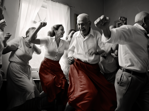 Group of people dancing in white and red