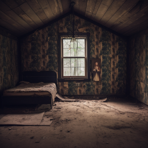 Empty bedroom with torn wallpaper