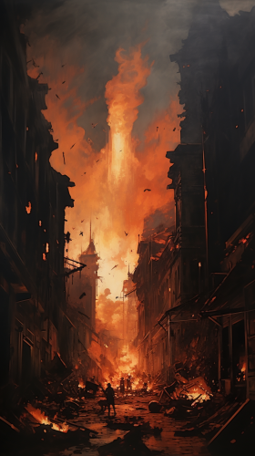 Dark city on fire with smoke