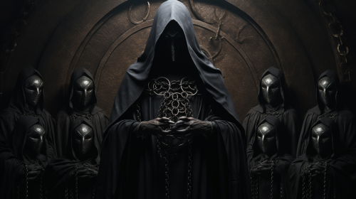 Dark cult ritual circle with metal armor fantasy art