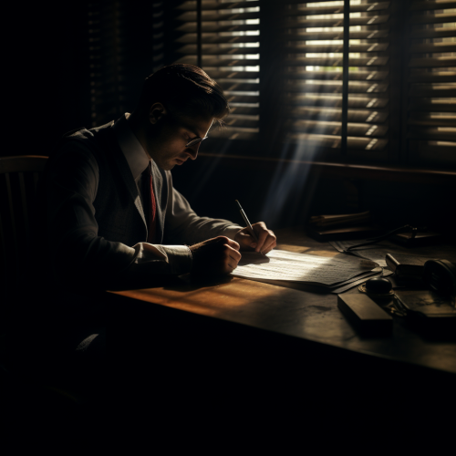 Person filling forms on dark desk Person filling forms on dark desk