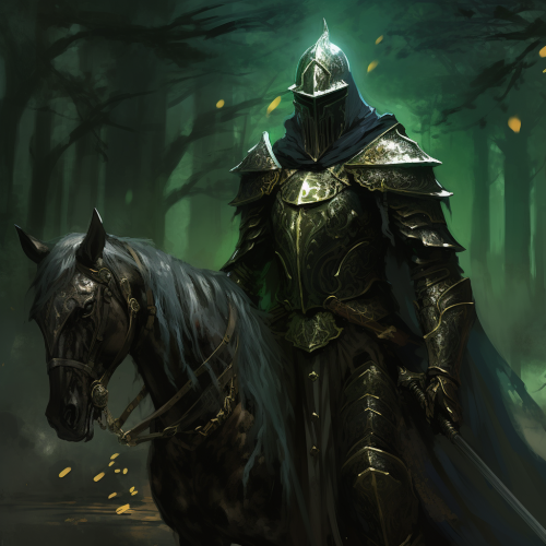 Mysterious green knight in dark fantasy world