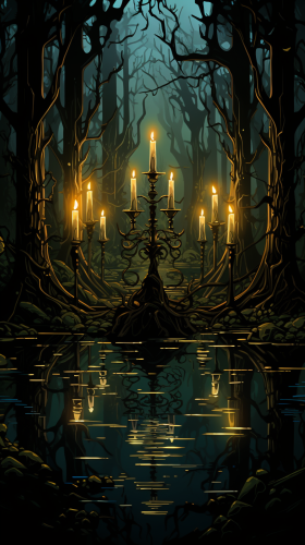 Mysterious forest with floating candelabras Mysterious forest with floating candelabras