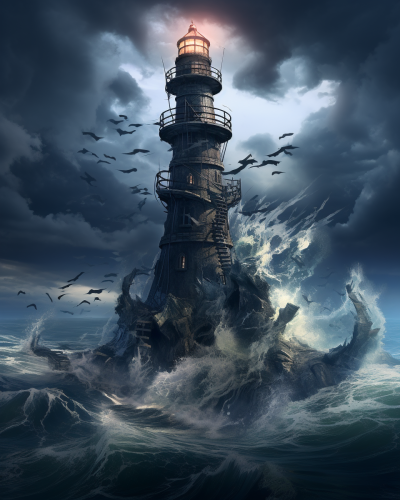Broken lighthouse in dark futuristic setting