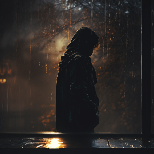 Sad Figure gazing through wet window in the rain