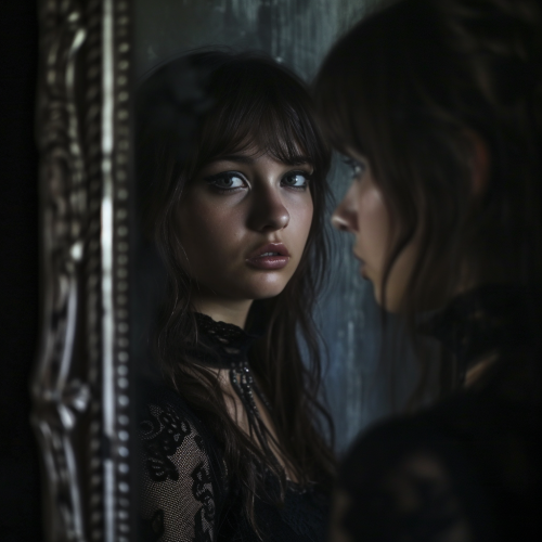 Young woman looking in mirror surreal
