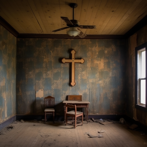 Empty room with torn wallpaper and framed picture