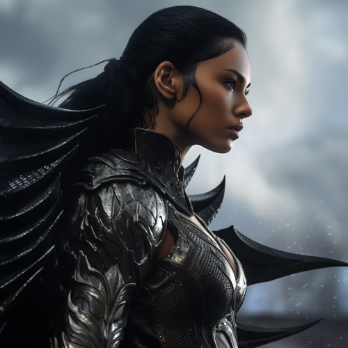 Dark-skinned female in armor with wings