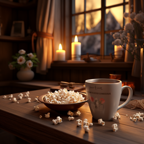 A cup of hot chocolate and scattered popcorn on a dark wood countertop