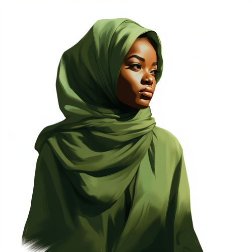 Silhouette of young hijabi woman studying in green dress