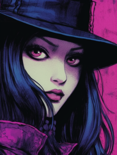 Androgynous girl in a pointy hat, teeth showing