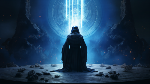 Darth Vader kneeling, Emperor Palpatine walking through portal.
