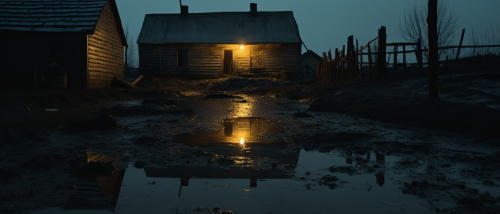 Silhouetted reflection in puddle outside rustic house
