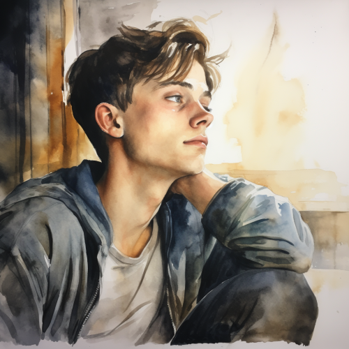 Watercolor portrait of a daydreaming young man