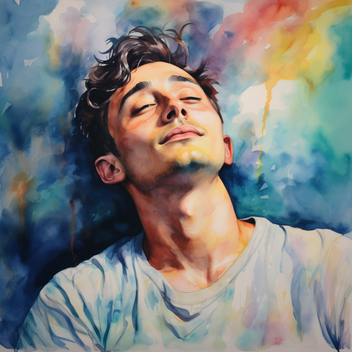 Watercolor portrait of a daydreaming young man