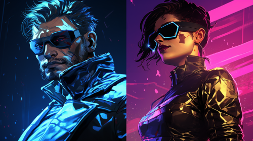 Comix Characters with Metal Plate in Neon Cyberpunk