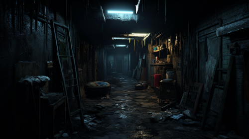 Decay dilapidated house in post-apocalyptic darkness