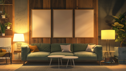 Decorated living room with wall canvas decorations