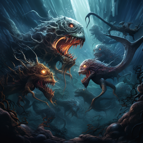 Mysterious deep sea creatures swimming in the ocean