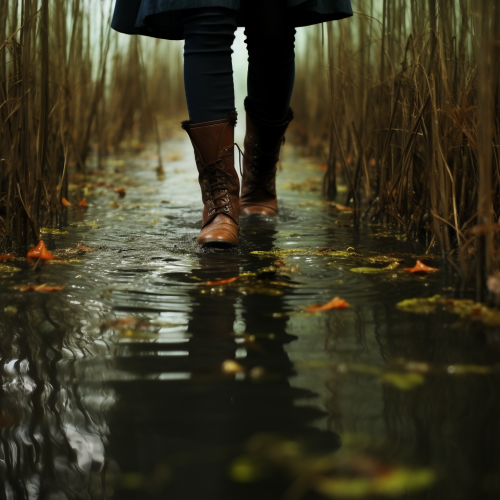 Two women walking in a deep swamp