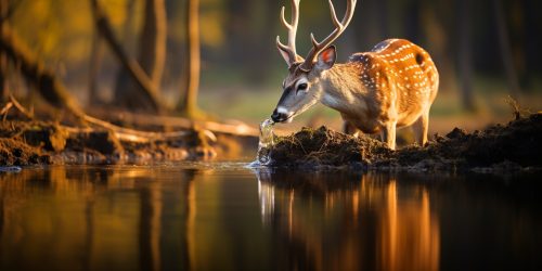 Deer drinking water with reflection in serene nature Deer drinking water with reflection in serene nature
