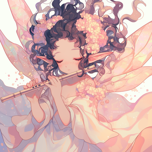 Delicate fairy with iridescent wings playing flute