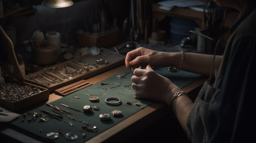 Jeweller repairing delicate necklace in workshop