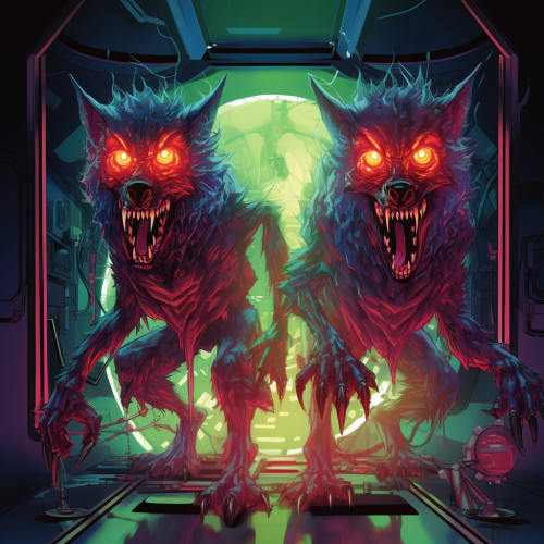 Two demonic coyote monsters with crystal faces Two demonic coyote monsters with crystal faces