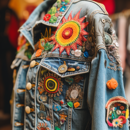 Denim jacket with hippie pins