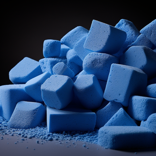 Blue porous foam on a flat surface