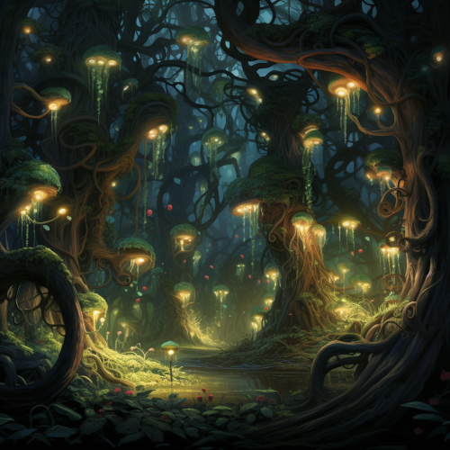 Enchanting densely forested area with glowing trees and strange plants