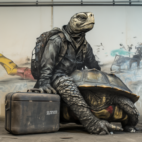 Dermochelys Coriacea with Luggage and 'No More Hotels' Sign