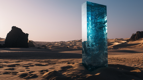 Cyan Monolith in Desert with Glowing Inscriptions