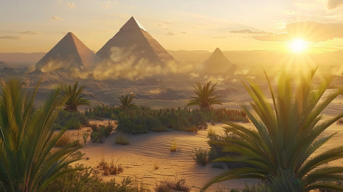 Desert Pyramids Green Plants Sunrise
