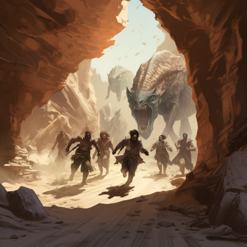 Adventurers running from chasing monsters in desert ruins Adventurers running from chasing monsters in desert ruins