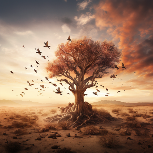 Beautiful desert tree with flying birds Beautiful desert tree with flying birds