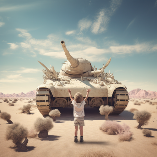 Desert child giving thumbs up in front of tank with flying unicorns