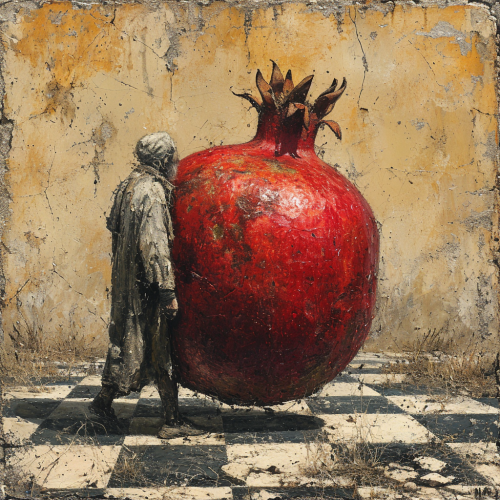 Desert man carrying huge pomegranate artwork