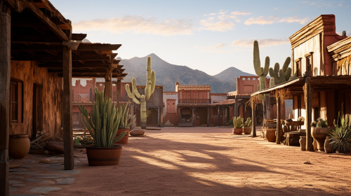 Photorealistic sunrise in a Mexican town with cactus and saloon Photorealistic sunrise in a Mexican town with cactus and saloon