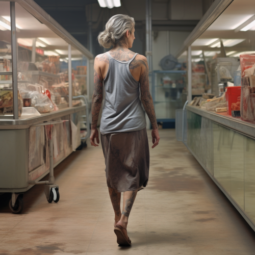 Gaunt woman in deserted supermarket aisle