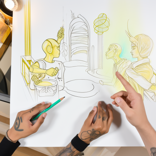 Designers discussing concept sketch