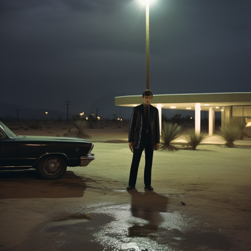 Young man on Lincoln Continental rooftop