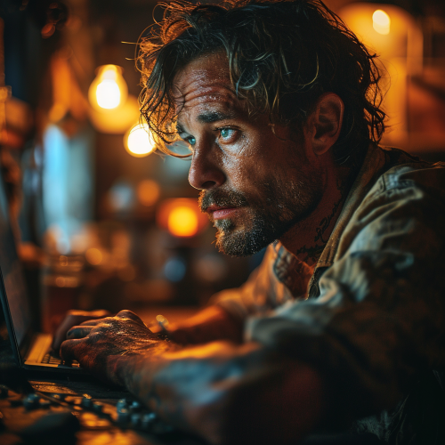 Muscular man sitting at computer with steroids Muscular man sitting at computer with steroids