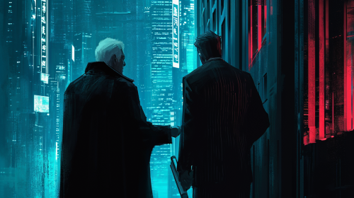 Detective handing cylinder to crime boss Detective handing cylinder to crime boss
