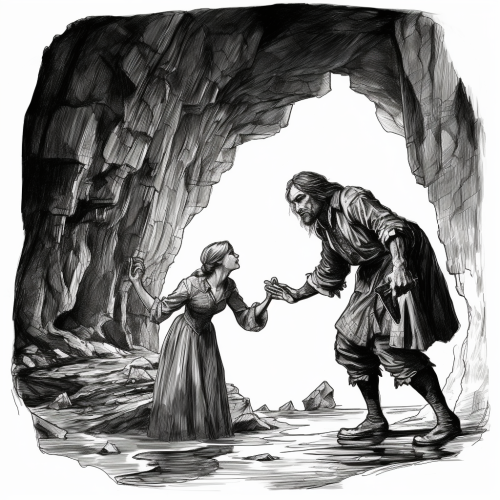 Illustration of a devil pointing at a woman