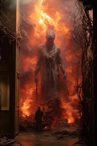 Fiery devil with trident in Hell