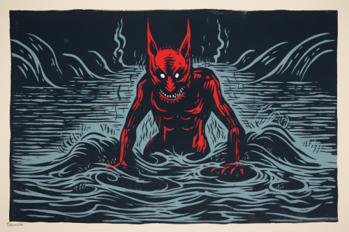 Devil made of water linocut Devil made of water linocut