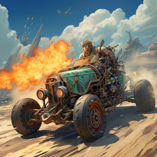 Diablo driving a beach buggy in smoke