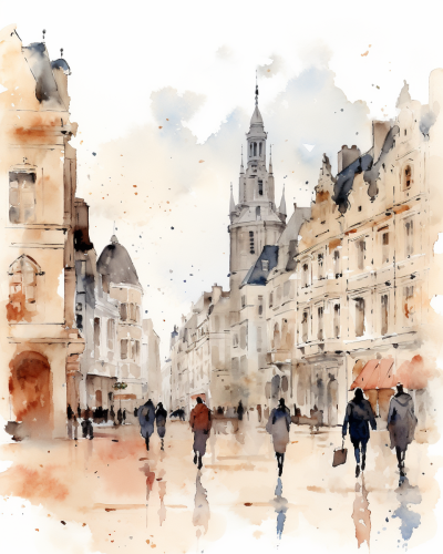 Minimalist watercolor sketch of Dijon main square